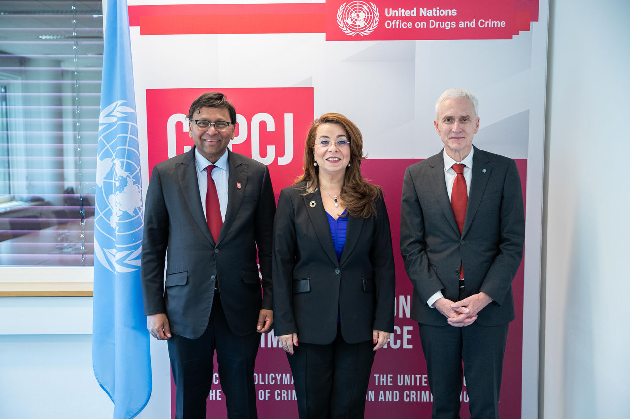 UNODC Executive Director Ghada Walym President of the Financial Action Task Force T. Raja Kumar and INTERPOL Secretary General Jürgen Stock , 13 May, 2024  UNODC Photo